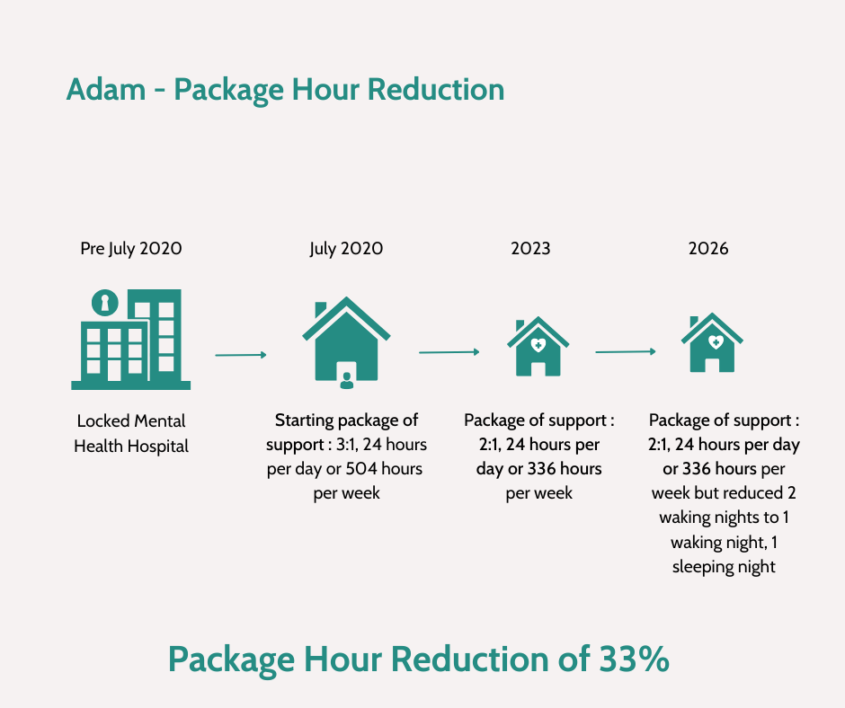 Infographic showing a person transitioning from hospital care to living in a house, with the level of support reducing over time as independence increases