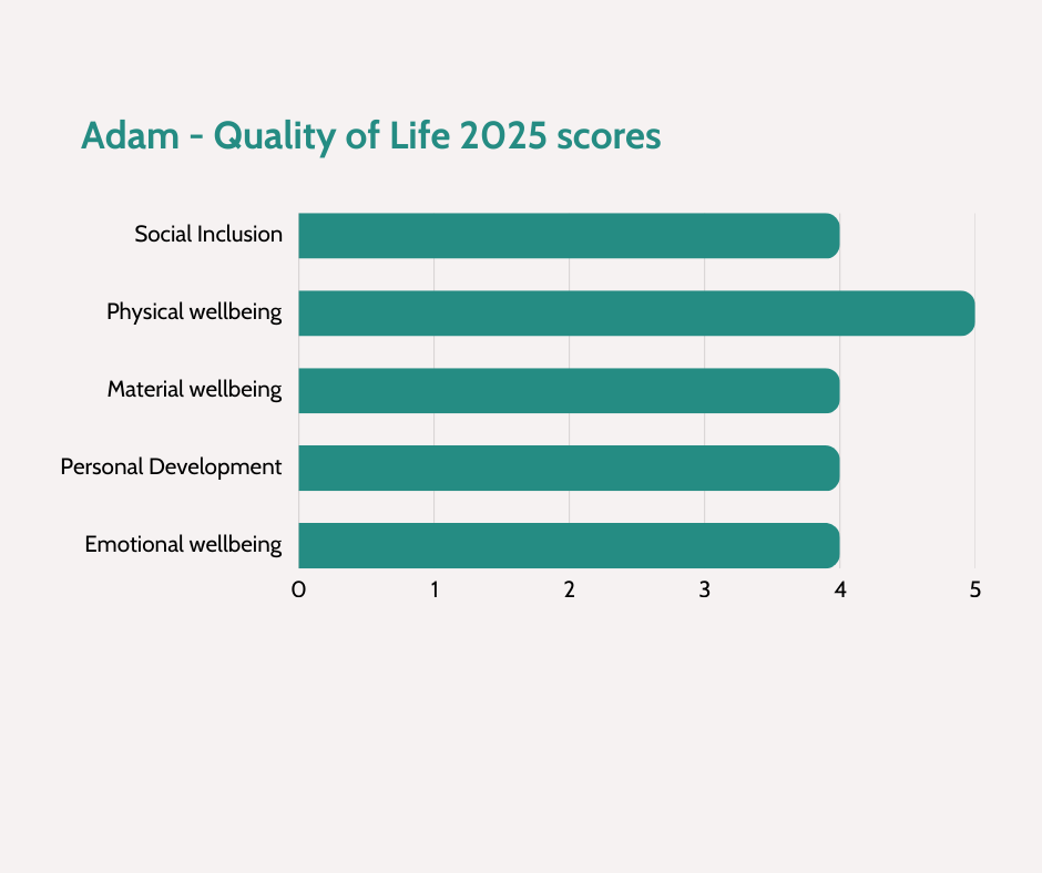 Green bar chart showing quality of life scores of four and five out of a total of five for quality of life criteria