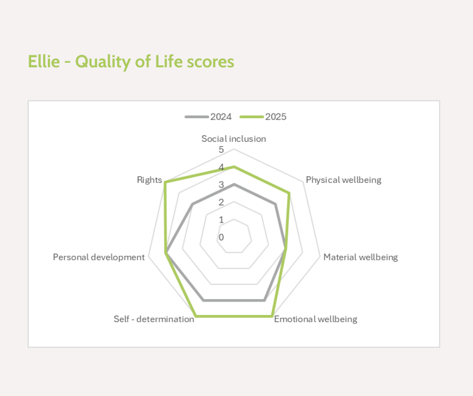 Radar graph showing progress of a person we support against seven quality of life criteria